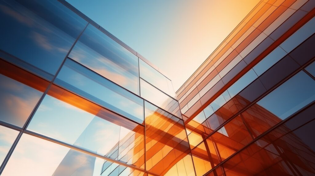 Angular glass building reflections at sunset, showcasing vibrant orange and blue hues in a modern architectural design.
