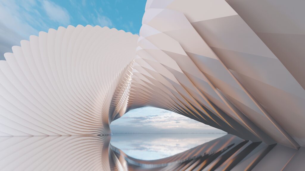 A serene, abstract landscape featuring large, curved, layered structures reflecting on a calm surface under a bright sky.